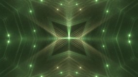 VJ Fractal green and golden abstract background. Movement of colored rays with disco spectrum lights on black background. Light Tunnel. Seamless loop. Green screen.