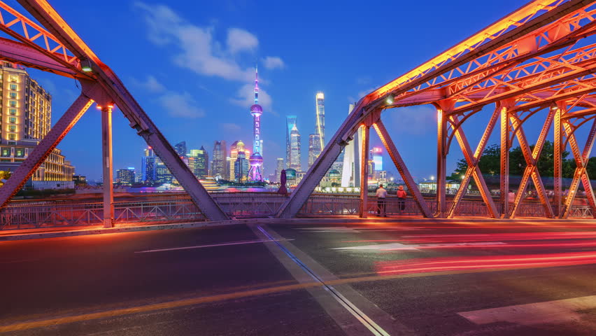 Shanghai busy traffic at night.The Waibaidu Bridge(Garden Bridge) , Shanghai bund, China.  >>>  ( seamless connection Clip ID: 29029087 ).  Royalty-Free Stock Footage #29043541