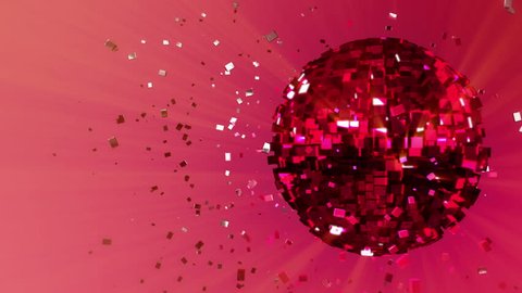 3d abstract looped animated background: pulsating spinning glow disco ball composed of cubes red-pink-scarlet color shinny streaks of light and shards of crystals rotating around. reflecting rays.
