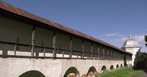 4K video footage of medieval beautiful Gorickiy monastery, church, cathedral and inner monastery area around it in Pereslavl-Zalesskiy on Golden Ring route 120 km from Moscow, Russia on summer day