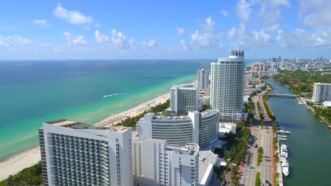 Aerial video beachfront resorts Miami Beach Florida 4k 24p