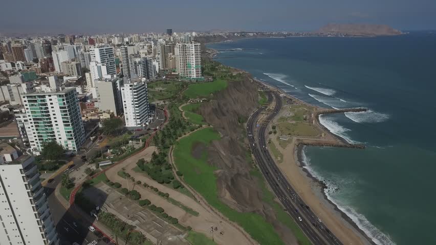 LIMA, PERU: Aerial view of Miraflores, dolly out.

