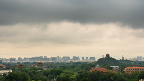 T/L High angle view of Beijing urban Skyline with dark clouds moving