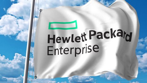 Waving flag with Hewlett Packard Enterprise logo. 4K editorial animation