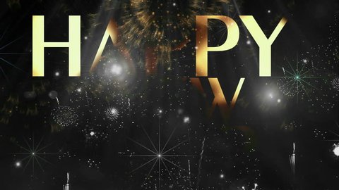 Holiday Fireworks Happy new year text animation Happy New Year greeting text particles sparks black night sky colored fireworks background, Celebration magic background beautiful typography loop art