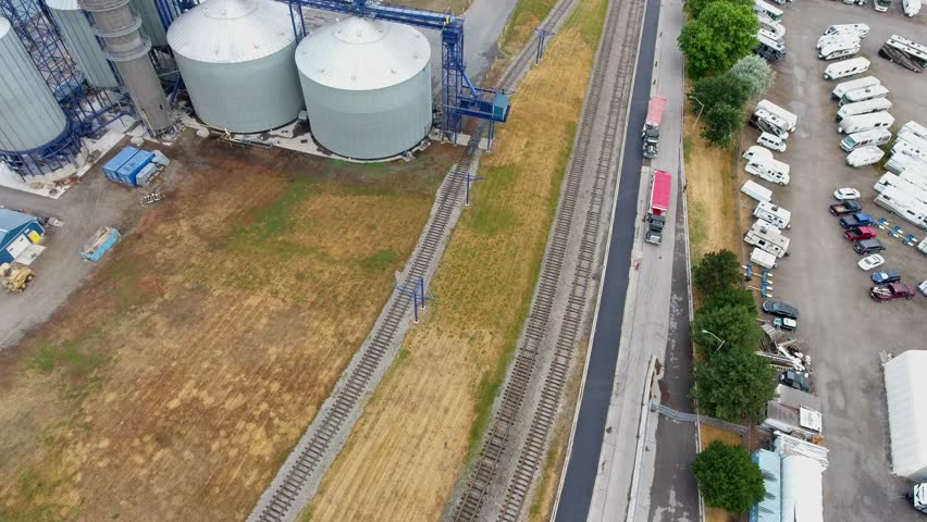 Aerial of industrial park in Ontario Canada near Toronto with environment impact. Flying over industry of natural resources in Ontario CA. 