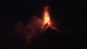 4K Erupting Volcano slowmotion at night with lava in Guatemala