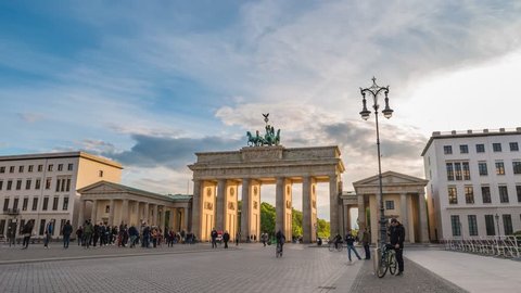 BERLIN, GERMANY - MAY 9, 2017: Berlin city skyline sunset timelapse at Brandenburg Gate (Brandenburger Tor), Berlin, Germany, 4K Time lapse