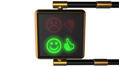 3d animation: Looped animated background old-style golden street traffic light alternately changing the symbols Smiley "Like/ Dislike" red and green on the black pixels. Seamless loop. Alpha matte.