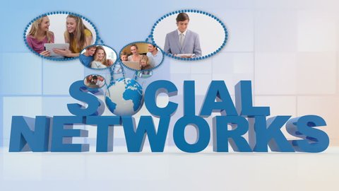 Montage of people using media for social networking on blue backgroud