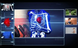 Menu interface of blue jogging skeleton with ECG line showing clips of peopleat the gym - Powered by Shutterstock - Get 15% off with code: PIKWIZARD15