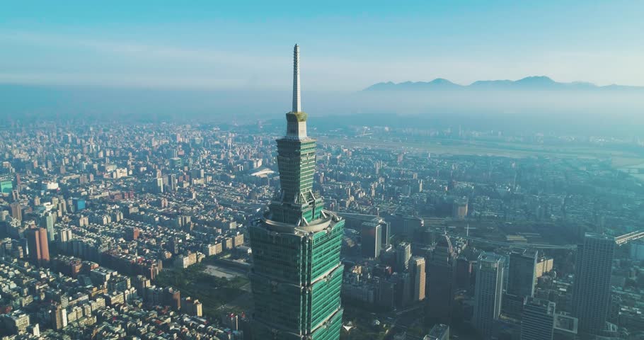 360 degree aerial close shot of Taipei  101, Taiwan