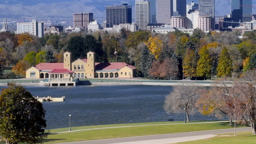 Denver, Colorado Skyline. Pan up from City Park to Skyline in Autumn. HD 1080p 