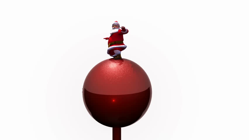 Santa surfing a red bauble.