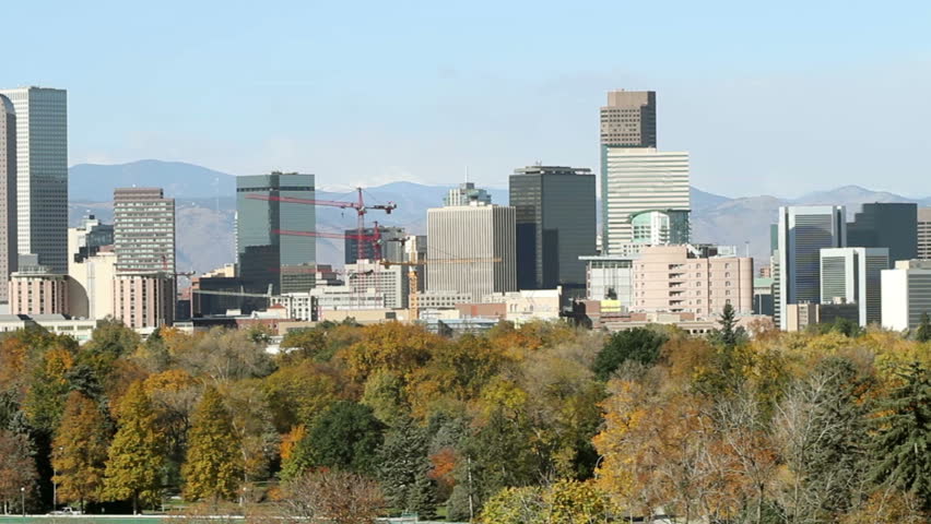 Fast pan of the Denver skyline in autumn. HD 1080p.