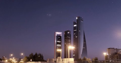 Subjective image of the skyscraper towers of Madrid, Spain. Filmed on July 24, 2017.
