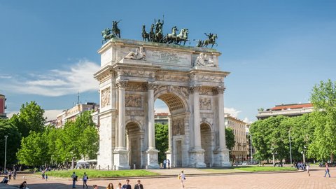 The Arch of Peace (Arco della Pace), one of the most famous landmarks in Milan. Hyperlapse.