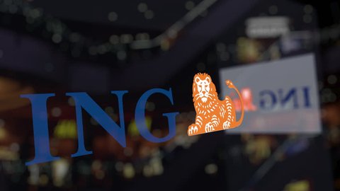 ING Group logo on the glass against blurred business center. Editorial 3D rendering
