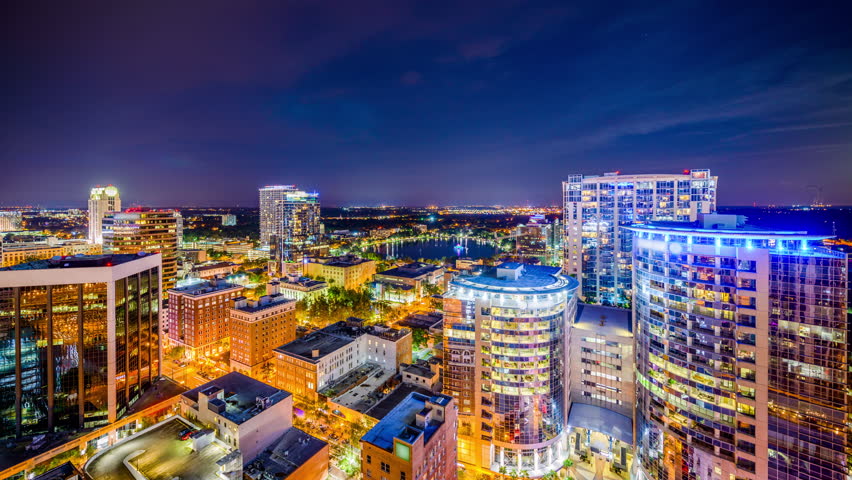 Orlando, Florida, USA downtown skyline time lapse.