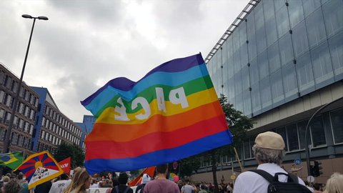 GERMANY - CIRCA JULY 2017 - G20 demonstration Hamburg, demonstrators march, rainbow pace flag shot from back