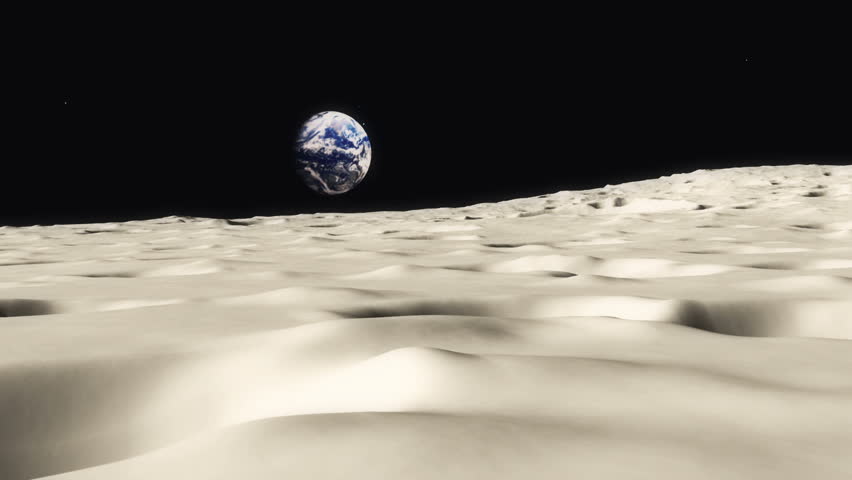 Moon landscape animation with the Planet Earth rising over the horizon