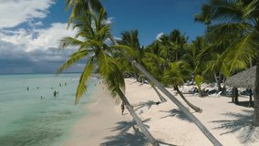 Aerial video over tropical island beach Punta Cana, Dominican Republic. Palm trees and white sand.