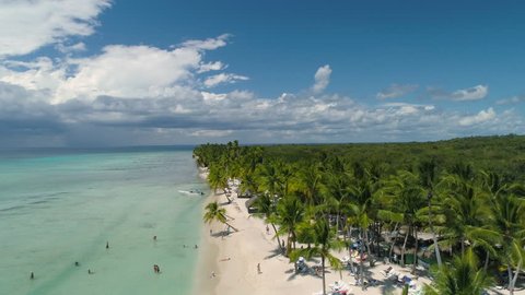 Aerial video over tropical island beach Punta Cana, Dominican Republic. Palm trees and white sand.