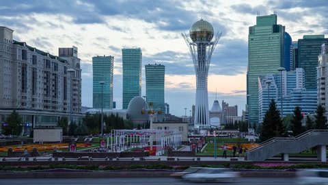 ASTANA JULY 2017:  Evening view of the central street and Baiterek