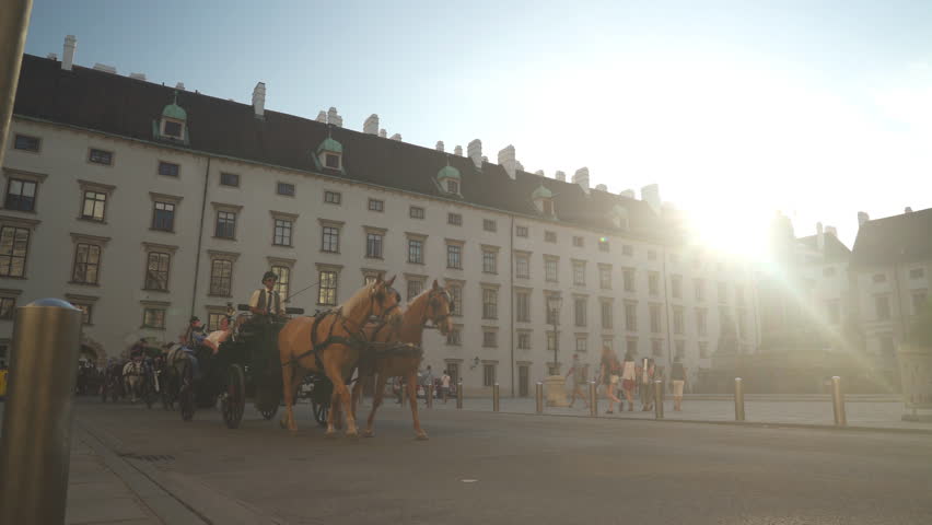 Vienna, Austria – July 21: Imperial Palace of Vienna with statue of Emperor Franz I. and many Fiaker, horse drawn carriage,  with tourists on sunny afternoon filmed in 4K on July 21, 2017 in Vienna.
