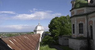 4K video footage view of medieval beautiful Gorickiy monastery, church, cathedral and inner monastery area around it in Pereslavl-Zalesskiy, Golden Ring route 120 km from Moscow, Russia on a Summer day.