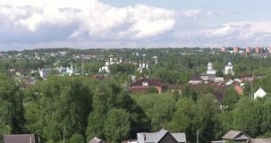 4K video footage view of medieval beautiful Gorickiy monastery, church, cathedral and inner monastery area around it in Pereslavl-Zalesskiy, Golden Ring route 120 km from Moscow, Russia on a Summer day.