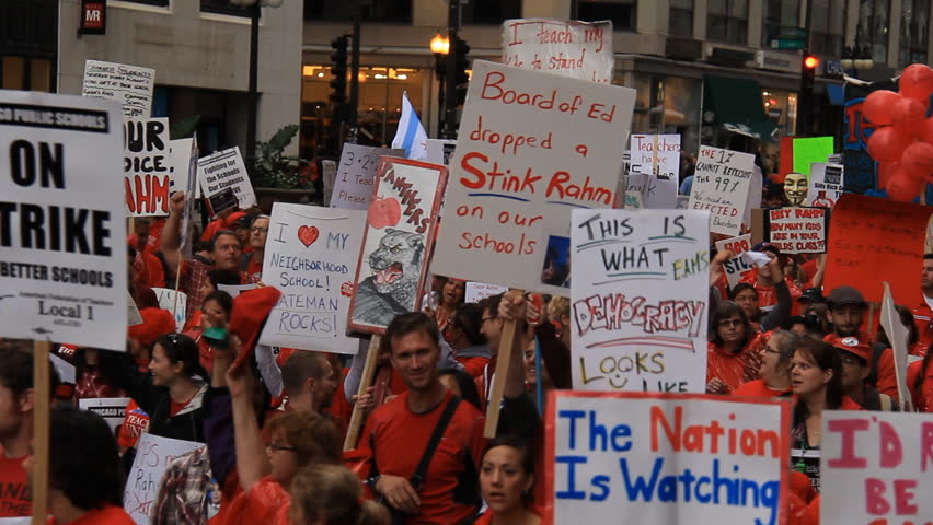 CHICAGO - SEP 13 2012: Teachers on strike and protesting in downtown Chicago,