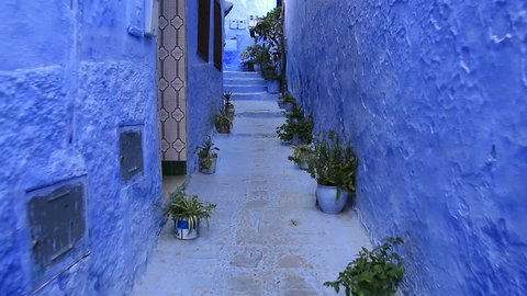 POV, walking in blue town Chefchaouen Chaouen / Morocco, first point of view