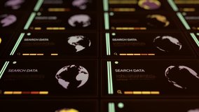 Abstract background from futuristic interface on touch display with holographic symbols humans, fingerprints, Earth globes, helix of DNA, internet or servers connection. Animation of seamless loop. - Powered by Shutterstock - Get 15% off with code: PIKWIZARD15