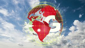 The 5g symbols rotate inside the earth model against the background of the cloud sky time-lapse, the video loop, alpha channel