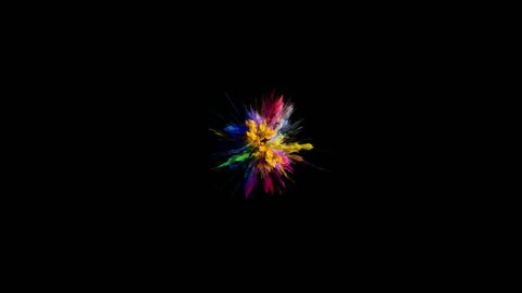 Cg animation of color powder explosion on black background. Slow motion movement with acceleration in the beginning. Has alpha matte. Wide angle version.