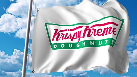 Waving flag with Krispy Kreme logo. 4K editorial animation