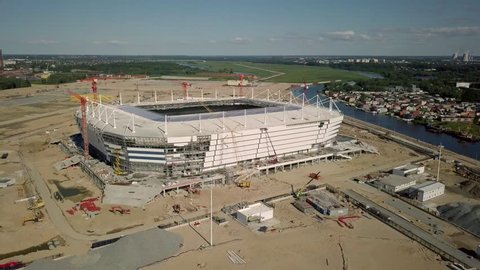 Kaliningrad - Russia, July 22, 2017: Construction of a football stadium for Fifa World Cup 2018 aerial view