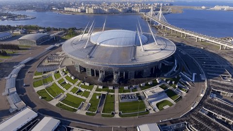 Russia, Saint-Petersburg, 23 July 2017: Aerial view of the stadium Zenit Arena, most expensively in the world, the FIFA World Cup in 2018, stadium roof, sunny day, morning, nobody, confederation cup