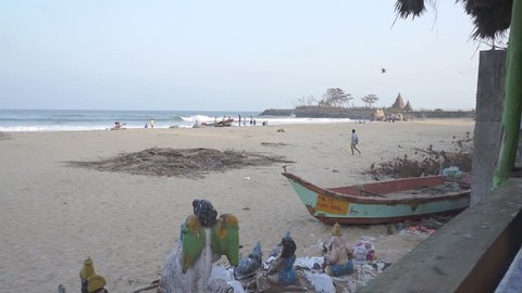 Mahabalipuram, India - 02.10.2014: Statues damaged in 2004 tsunami on the  beach at Mahabalipuram