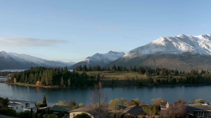 Queenstown, New Zealand. December 2011.pan shot of the panoramic view over Lake