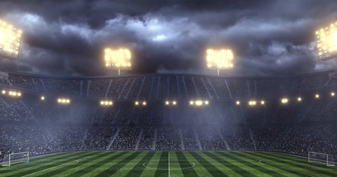 Footage of an empty dramatic soccer stadium. The stadium was made in 3d without using existing references. The crowd and light on the stadium are animated.