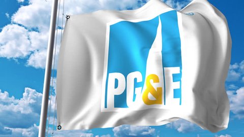 Waving flag with Pacific Gas And Electric Company logo. 4K editorial animation
