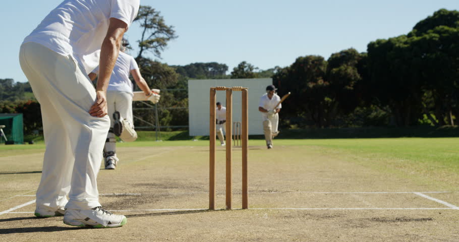 Bowler running out a player during match on cricket field Royalty-Free Stock Footage #29210041