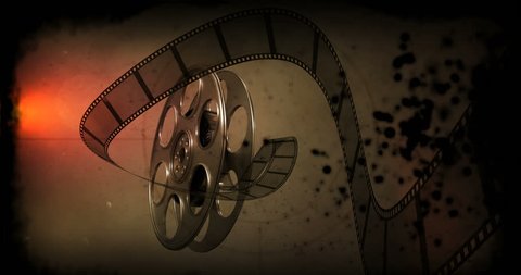 Film rolling out of a film reel against digitally generated background