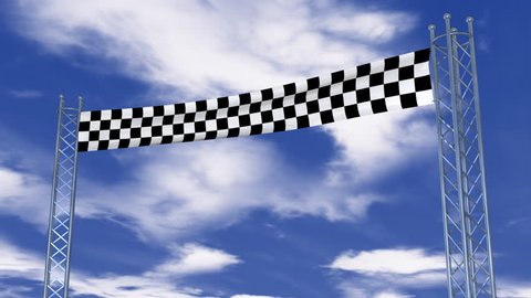 Checkerboard Banner - Sport Background 05 (HD) - Start or finish banner waving in the wind, metal flag poles and flying clouds on the blue sky. Background for sport, competition, championship, awards.