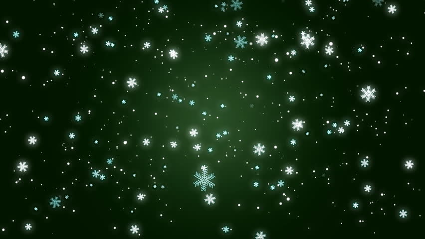 Winter snowflakes fall over a green background.