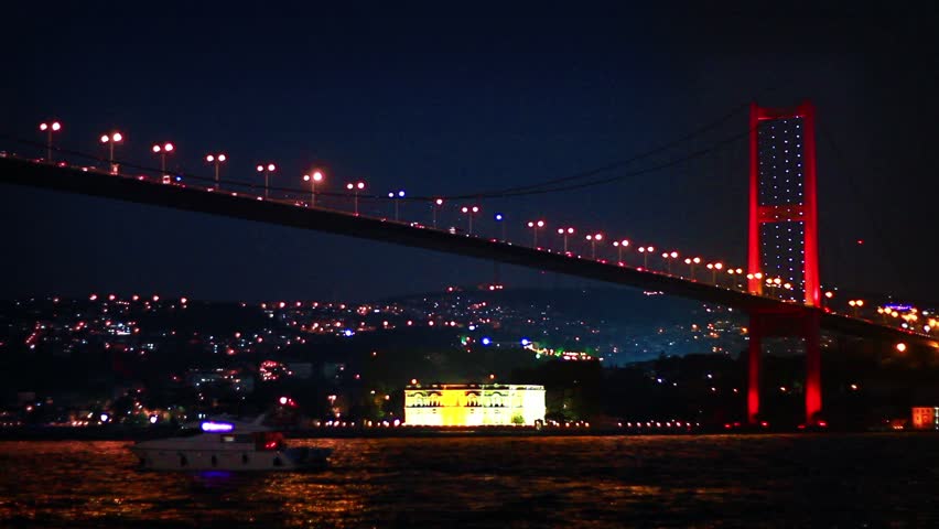 Bosphorus Bridge nightly light show in Istanbul, Turkey