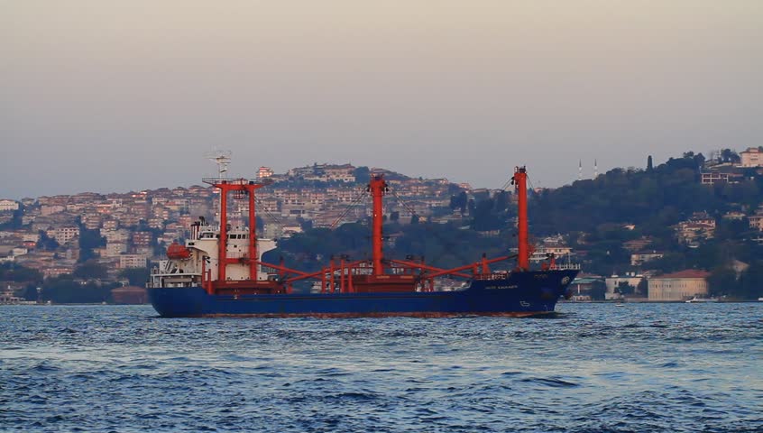 Bosporus Sea traffic with a cargo ship, Istanbul, Turkey