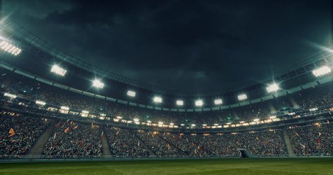 Footage of an empty dramatic soccer stadium. The stadium was made in 3d without using existing references. The crowd and light on the stadium are animated.